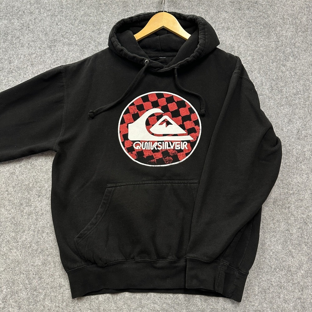 Quiksilver Hoodie Mens M Black Red‎ Checkerboard Logo Surf Skate Y2K Style